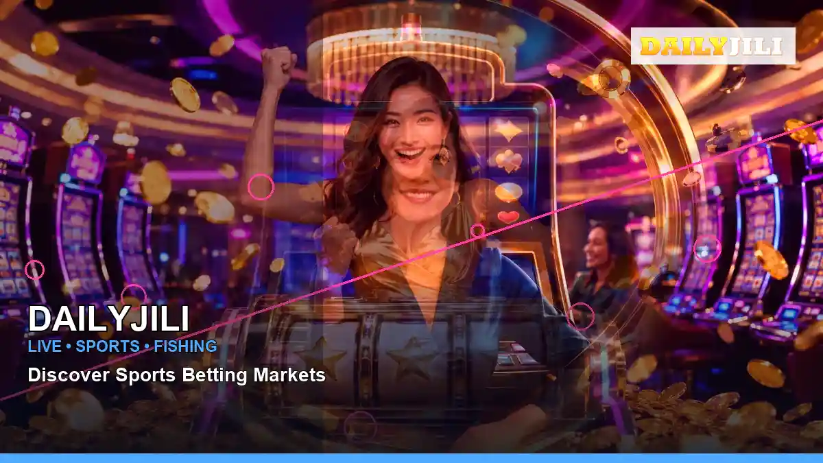 DAILYJILI neon jackpot slot games featuring an adult Filipina casino host with a right close-up composition